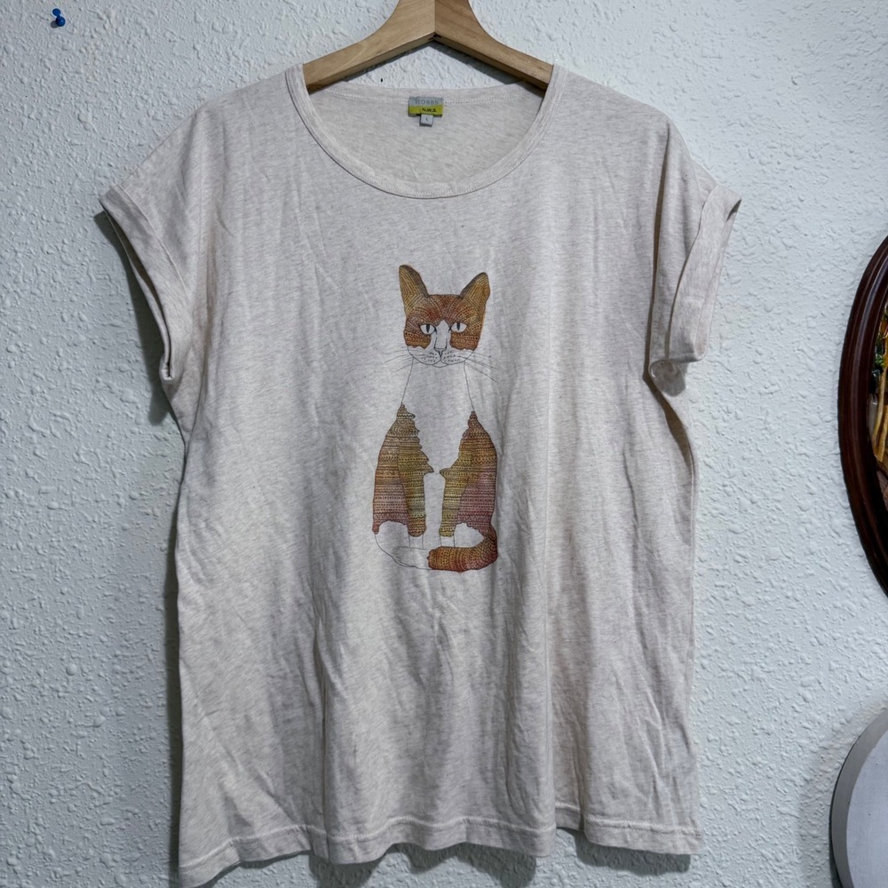 Hobbs London NW3 Womens L top Beige Cat Graphic Print Short‎ Sleeve T-Shirt S